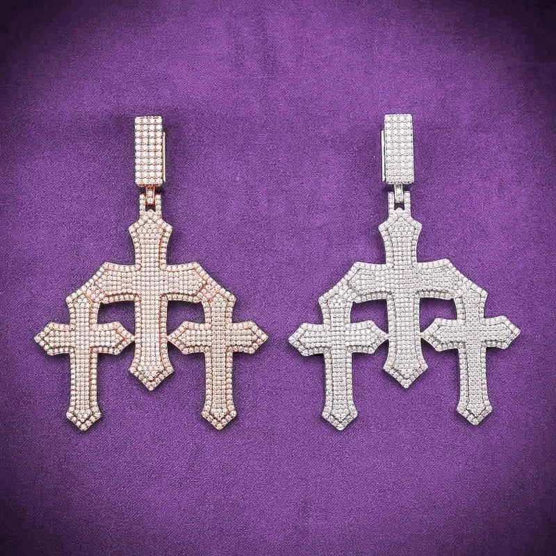 Hip Hop Fine Jewelry Passd Diamond Tester 925 Sterling Silver Iced Out VVS Moissanite Cluster Triple Cross Pendant for Men