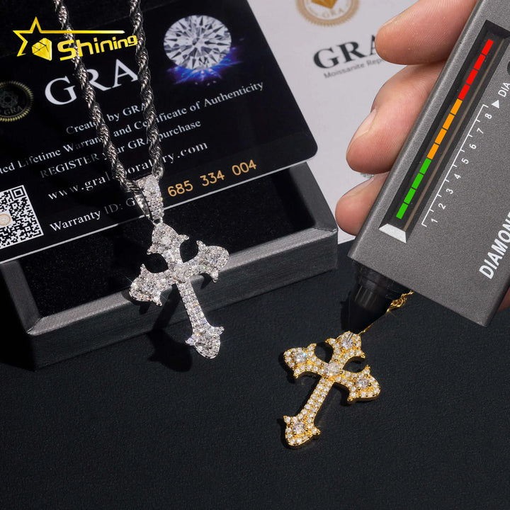 Fine Jewelry 925 Sterling Silver Gold Plated Moissanite Cross Pendant Custom Men Hip Hop Iced Out Pendant Necklace
