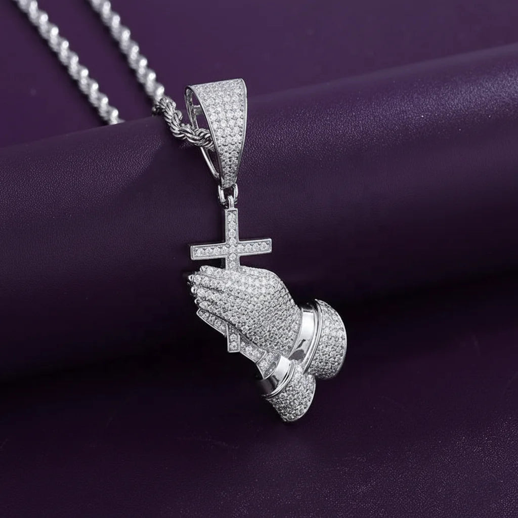 Hip Hop Jewelry Religious 925 Sterling Silver Bling Cross Pray Hand Pendant for NecklaceIced Out D Color Moissanite
