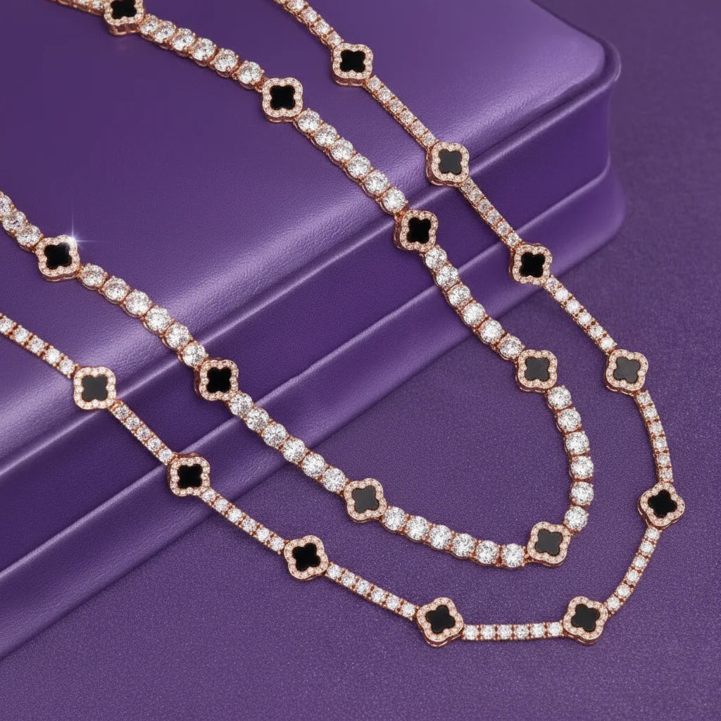 GRA 925 Solid Silver Tennis Chain 3mm 5mm  Black Agate Clover Moissanite Tennis Chain Necklace Bracelet Fine Moissanite Jewelry