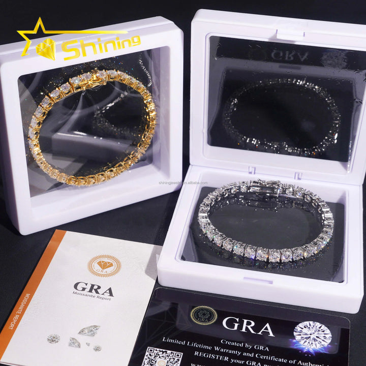 In Stock Ship in USA Warehouse Hip Hop Fire Jewelry FL 5mm Moissanite Prong Setting  S925 Solid Silver Iced Out Tennis Bracelet