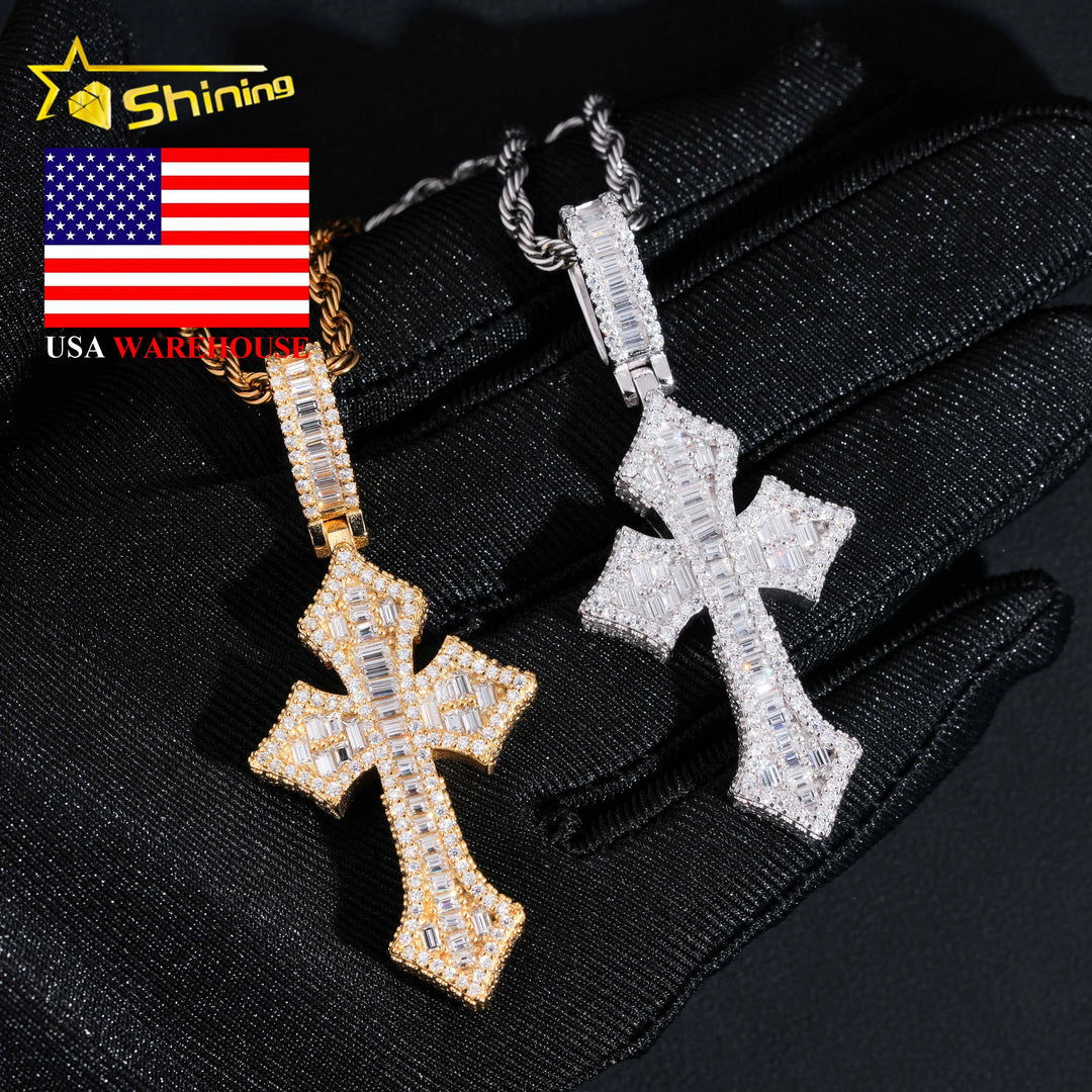 USA Local Stock Fast Shipping Iced Out Cross Moissanite Pendant Men Hip Hop 925 Silver Gold Plated VVS Moissanite Charms Pendant