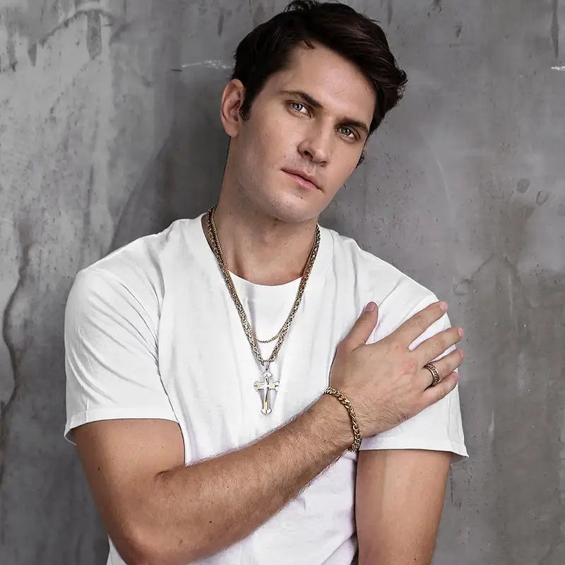 Men's Cross Necklace Gold Color Black Cross Pendant Stainless Steel Byzantine Chain Necklace 2024 Hip Hop Male Jewelry