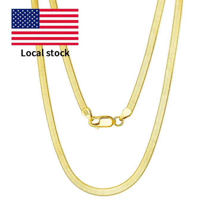 RINNTIN SC35 USA Local Stock 18K Gold Plated Snake Chain 3mm 925 Sterling Silver Flat Herringbone Chain Necklace for Women Men