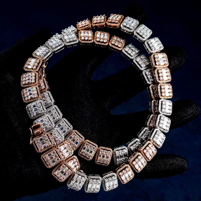 13mm Moissanite Square Men's Tennis Chain 925 Sterling Silver Hip Hop D Color Baguette Pass Diamond Tester GRA Baguette Jewelry