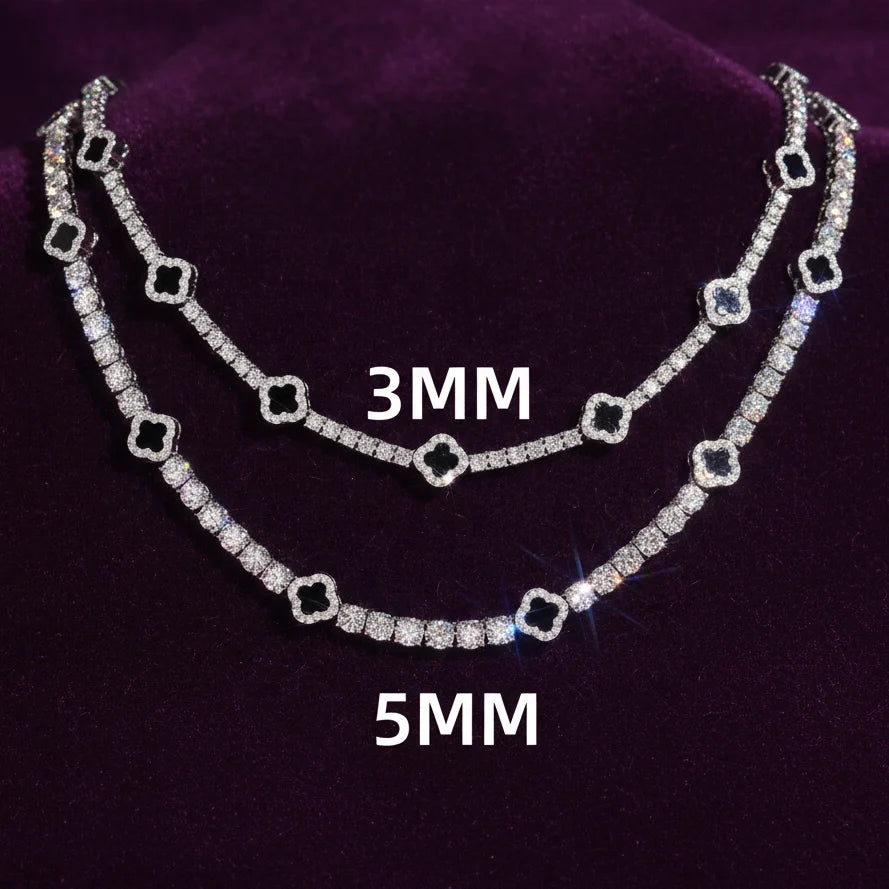 GRA 925 Solid Silver Tennis Chain 3mm 5mm  Black Agate Clover Moissanite Tennis Chain Necklace Bracelet Fine Moissanite Jewelry