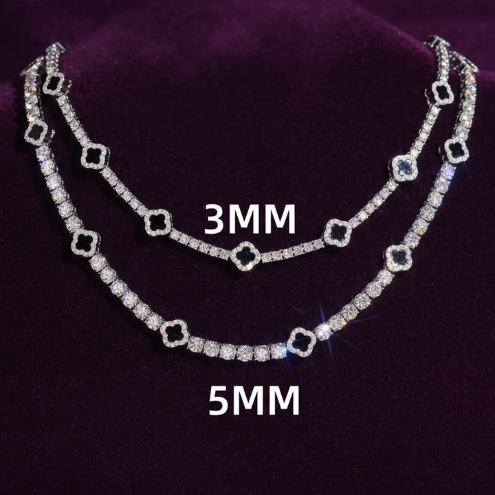 GRA 925 Solid Silver Tennis Chain 3mm 5mm  Black Agate Clover Moissanite Tennis Chain Necklace Bracelet Fine Moissanite Jewelry
