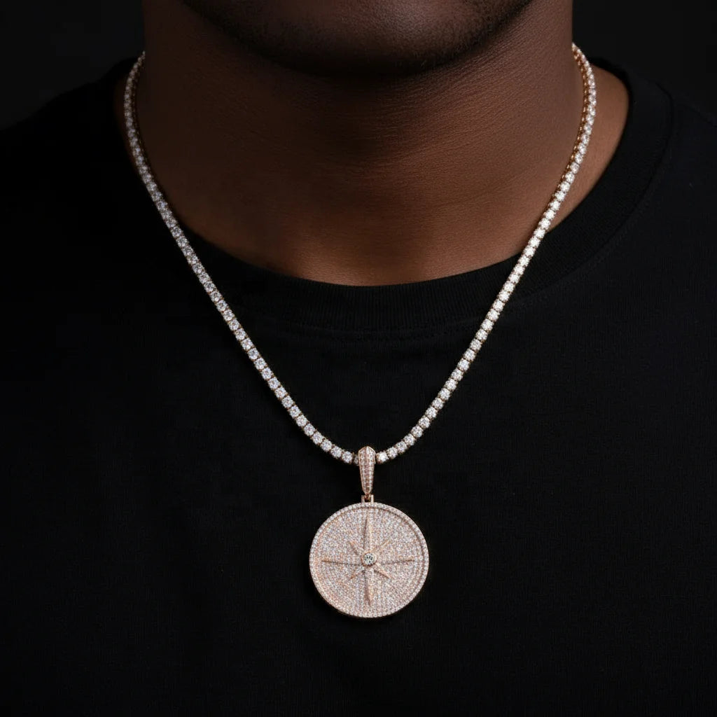 Iced Out Eight Pointed Star Compass Design  Moissanite Pendant for Necklace Men Women 925 Sterling Silver Hip Hop Style Jewelry