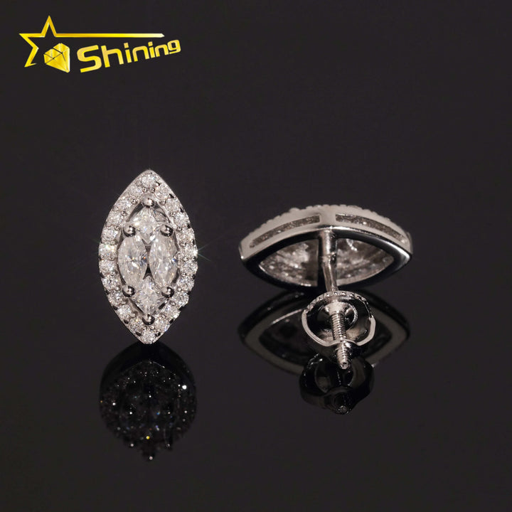 Local Stock High Quality 925 Silver Hip Hop Iced Out Marquise Moissanite Diamond Earrings