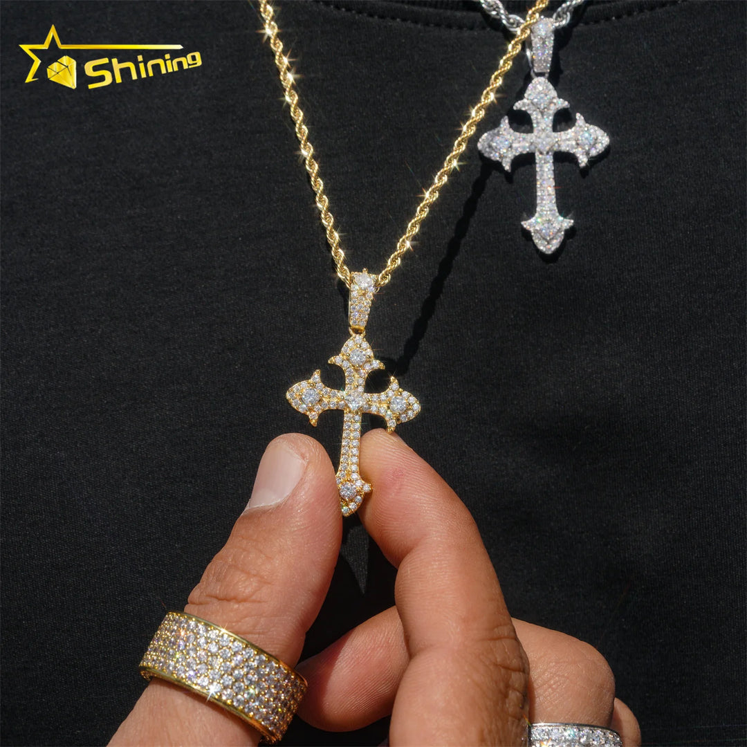 Fine Jewelry 925 Sterling Silver Gold Plated Moissanite Cross Pendant Custom Men Hip Hop Iced Out Pendant Necklace