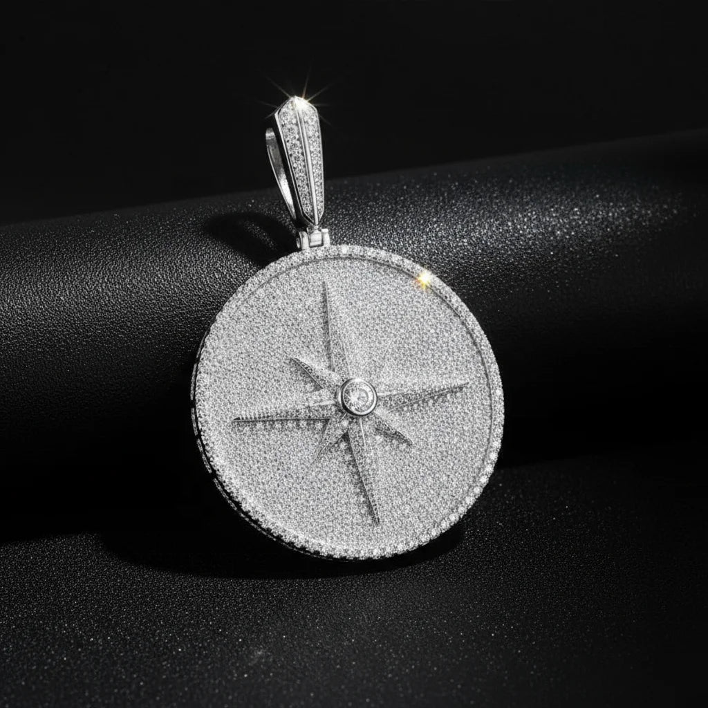 Iced Out Eight Pointed Star Compass Design  Moissanite Pendant for Necklace Men Women 925 Sterling Silver Hip Hop Style Jewelry