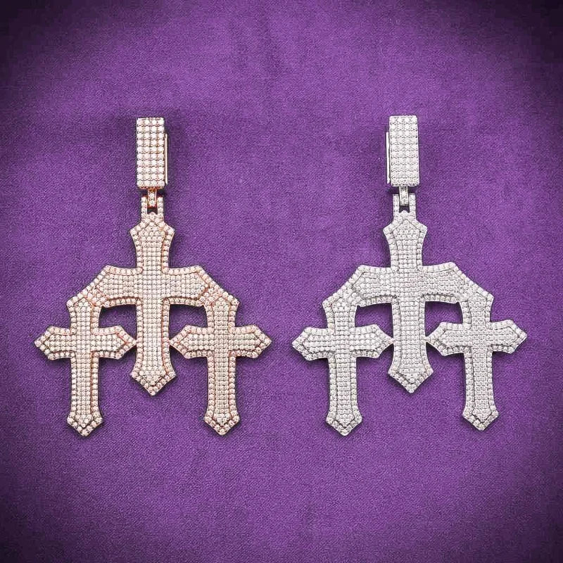 Hip Hop Fine Jewelry Passd Diamond Tester 925 Sterling Silver Iced Out VVS Moissanite Cluster Triple Cross Pendant for Men