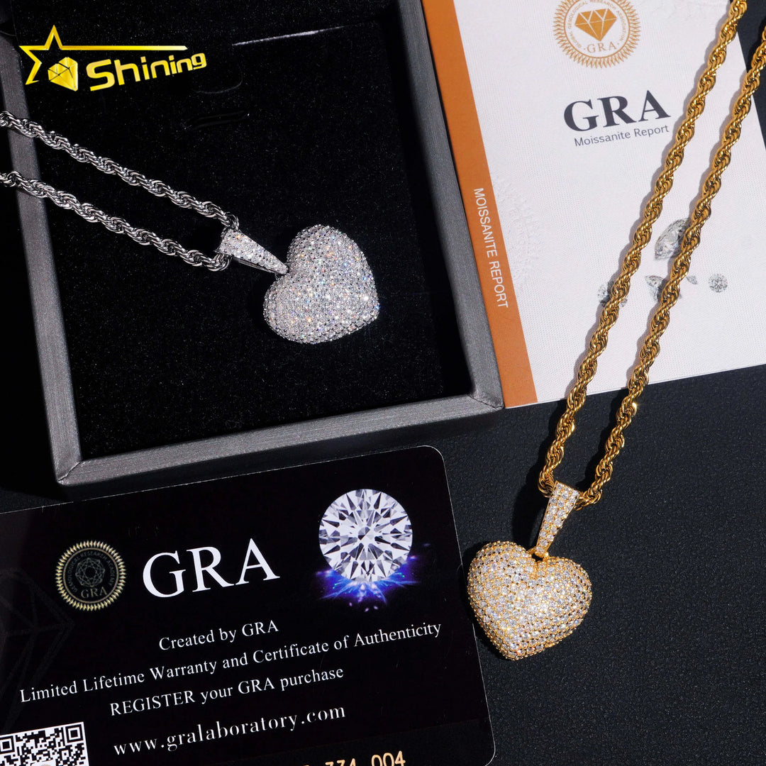 No Tarrifs USA Warehouse Stocks GRA Cert 925 Sterling Silver Hip Hop Iced Out VVS Moissanite Diamond Heart Pendant