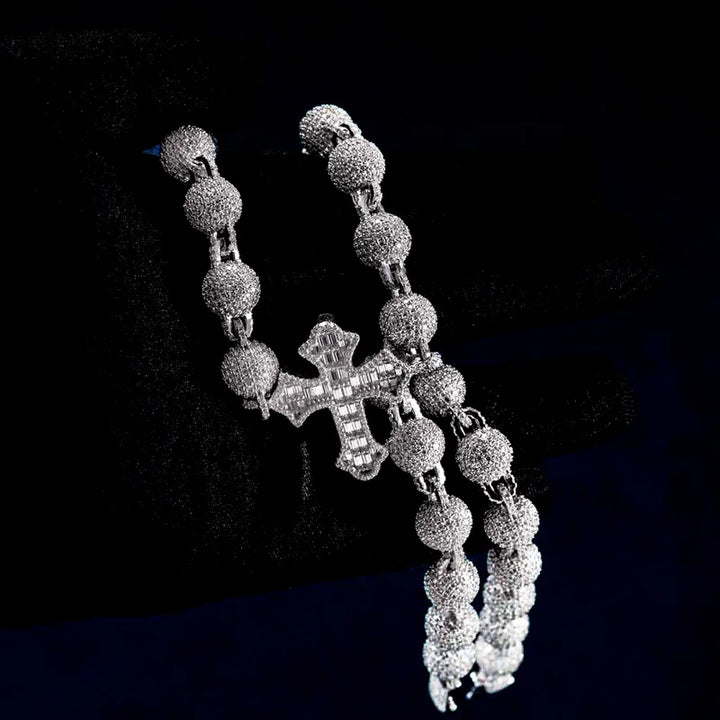 GRA D Color 10MM Men's 925 Sterling Silver Baguette Cross Beads Link Chain Iced Out Moissanite Passes Diamond Tester Necklaces