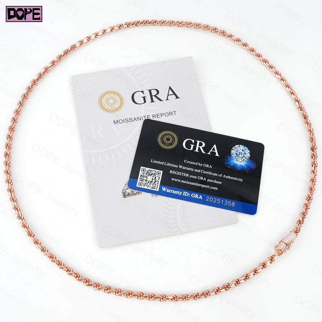 Hip Hop Style Solid 925 Silver Chain 4mm 5mm Necklace Men Women VVS Moissanite Iced Out Clasp Twisted Rope Chain