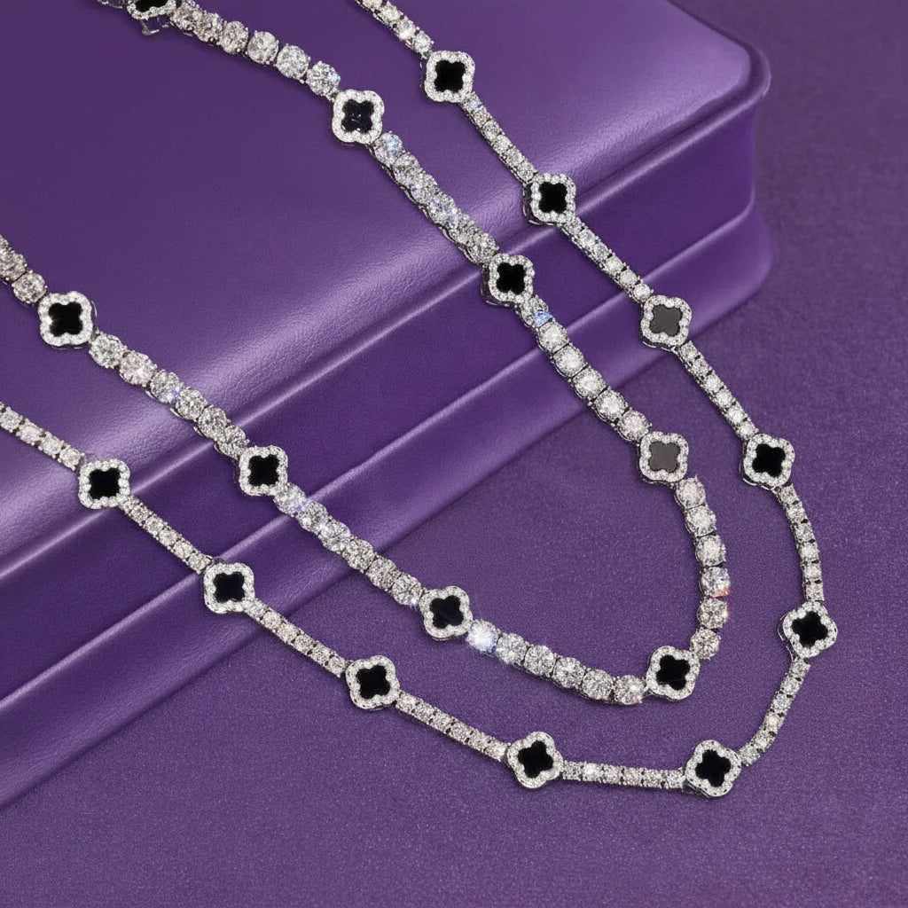 GRA 925 Solid Silver Tennis Chain 3mm 5mm  Black Agate Clover Moissanite Tennis Chain Necklace Bracelet Fine Moissanite Jewelry