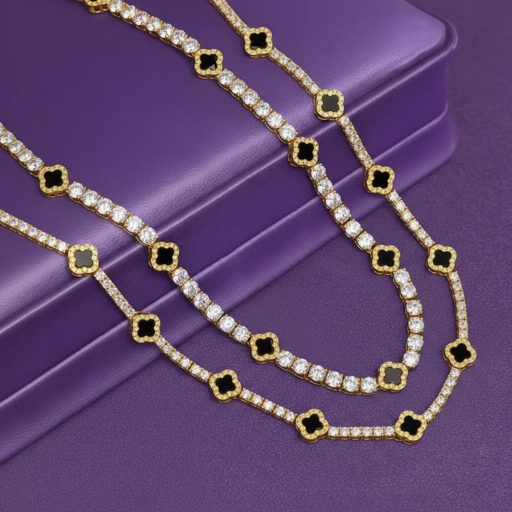 GRA 925 Solid Silver Tennis Chain 3mm 5mm  Black Agate Clover Moissanite Tennis Chain Necklace Bracelet Fine Moissanite Jewelry