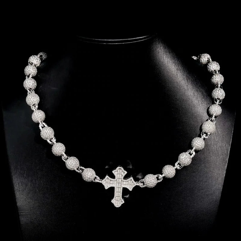 GRA D Color 10MM Men's 925 Sterling Silver Baguette Cross Beads Link Chain Iced Out Moissanite Passes Diamond Tester Necklaces