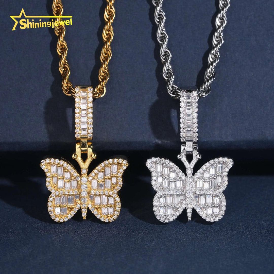 USA Warehouse Affordable Butterfly Baguette Moissanite Cross Pendant Collection Hip Hop Iced Out Pendant Gift for Girlfriend