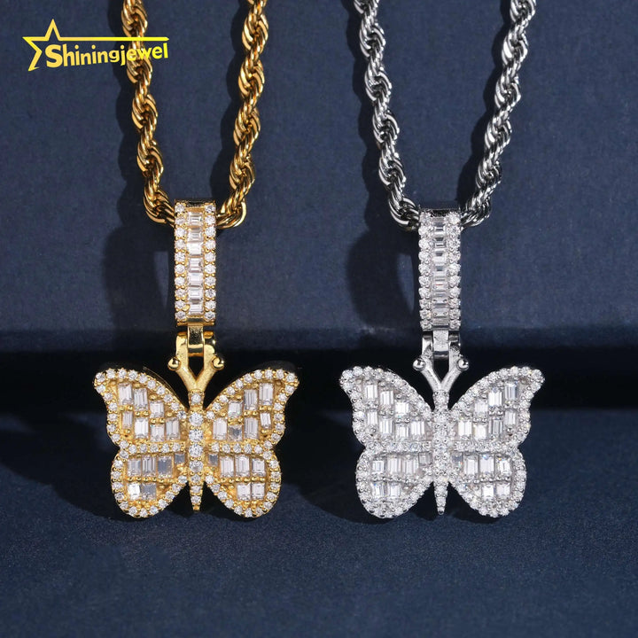 USA Warehouse Affordable Butterfly Baguette Moissanite Cross Pendant Collection Hip Hop Iced Out Pendant Gift for Girlfriend