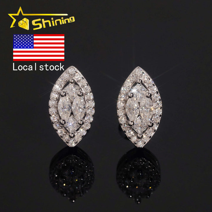 Local Stock High Quality 925 Silver Hip Hop Iced Out Marquise Moissanite Diamond Earrings
