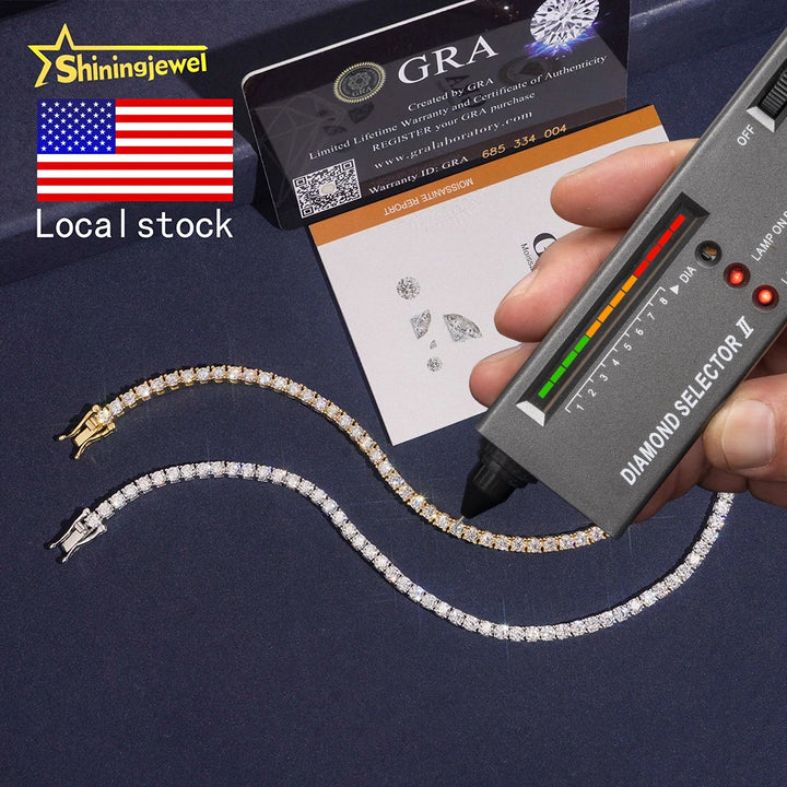 USA Warehouse Iced Out Jewelry 3mm Moissanite Tennis Bracelet Round Brilliant Cut 925 Silver Hip Hop Diamond Bracelet