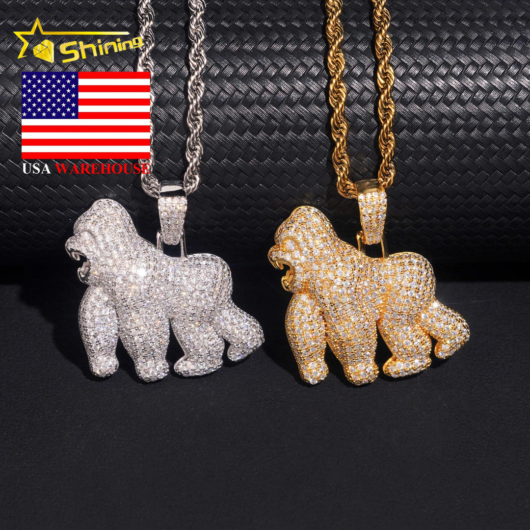 USA Local Stock Fast Shipping Gorilla Charm Gold Plated 925 Sterling Silver Moissanite Hip Hop Iced Out Design Sparkling Pendant