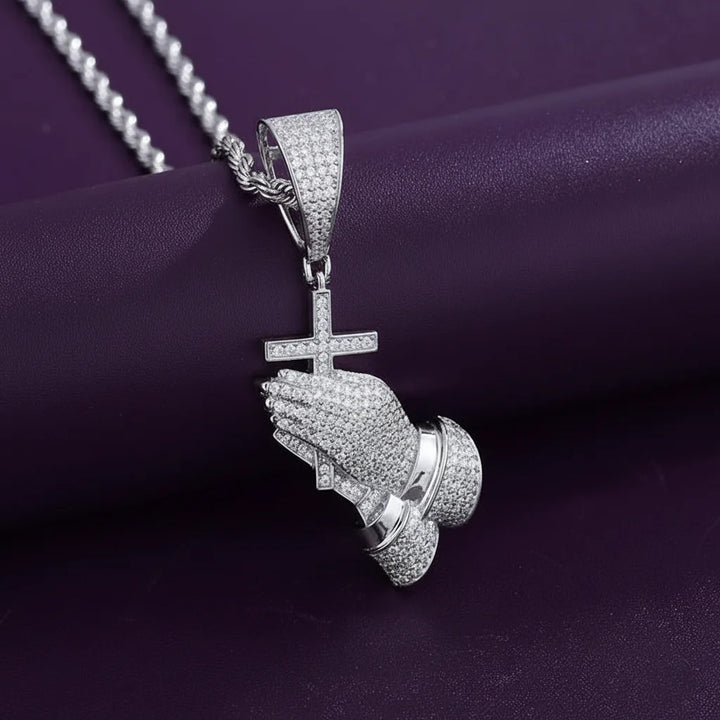 Hip Hop Jewelry Religious 925 Sterling Silver Bling Cross Pray Hand Pendant for NecklaceIced Out D Color Moissanite