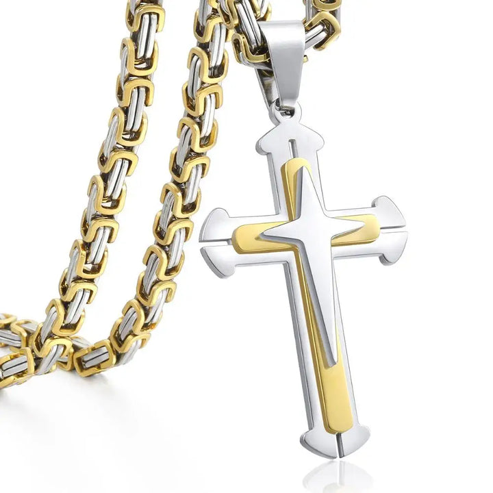 Men's Cross Necklace Gold Color Black Cross Pendant Stainless Steel Byzantine Chain Necklace 2024 Hip Hop Male Jewelry