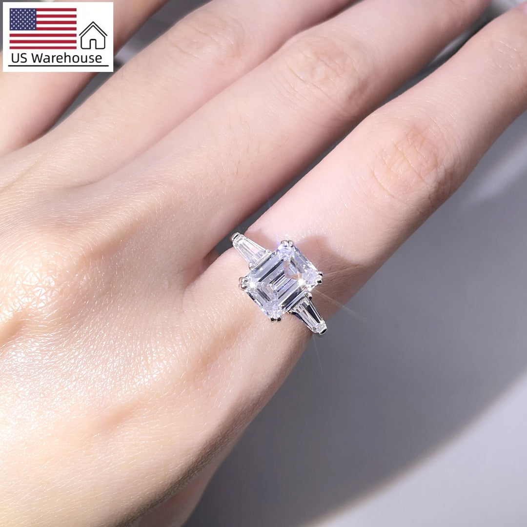 Tianyu S925 Engagement Mossanite Ring White 18K Gold Plated Moissanite Emerald Cut Women's 925 Sterling Silver Rings for Women