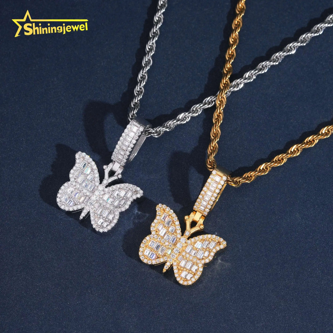 USA Warehouse Affordable Butterfly Baguette Moissanite Cross Pendant Collection Hip Hop Iced Out Pendant Gift for Girlfriend