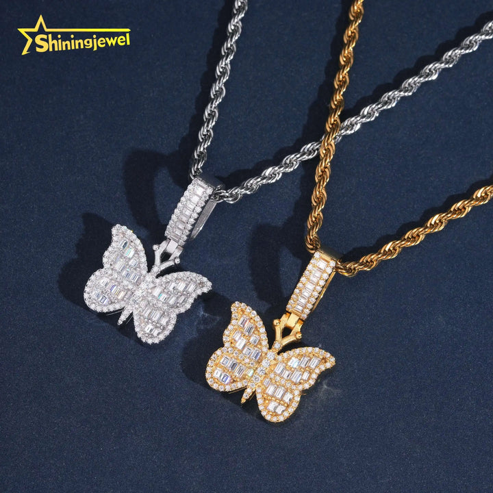 USA Warehouse Affordable Butterfly Baguette Moissanite Cross Pendant Collection Hip Hop Iced Out Pendant Gift for Girlfriend