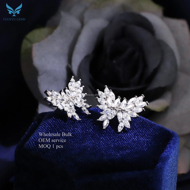 Tianyu SIlver Mossanite Stud Earrings Luxury Butterfly Design Marquise Cut Moissanite Thick Gold Plated 18K Earrings Studs