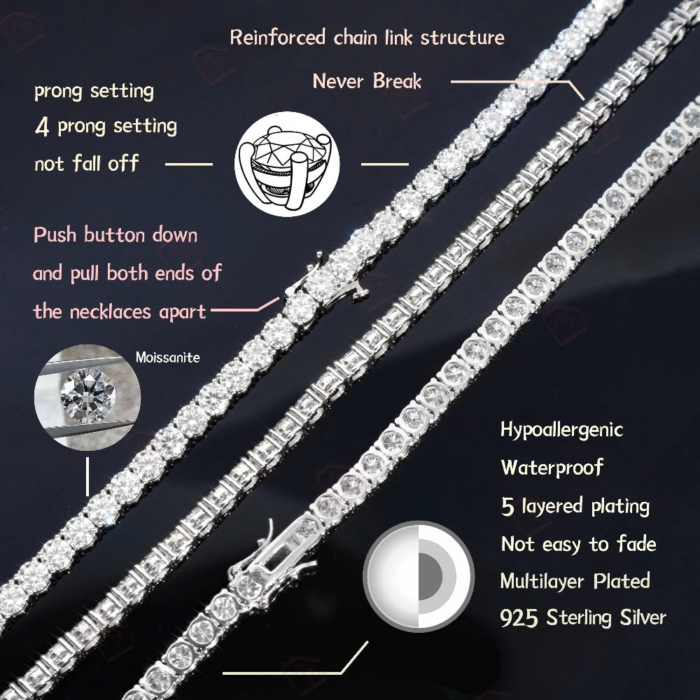 Local Stock 3MM 4MM Moissanite Tennis Chain Hiphop Jewelry 925 Silver Vvs Moissanite Tennis Necklaces