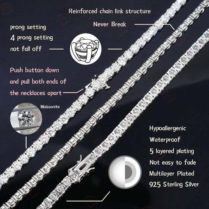 Local Stock 3MM 4MM Moissanite Tennis Chain Hiphop Jewelry 925 Silver Vvs Moissanite Tennis Necklaces