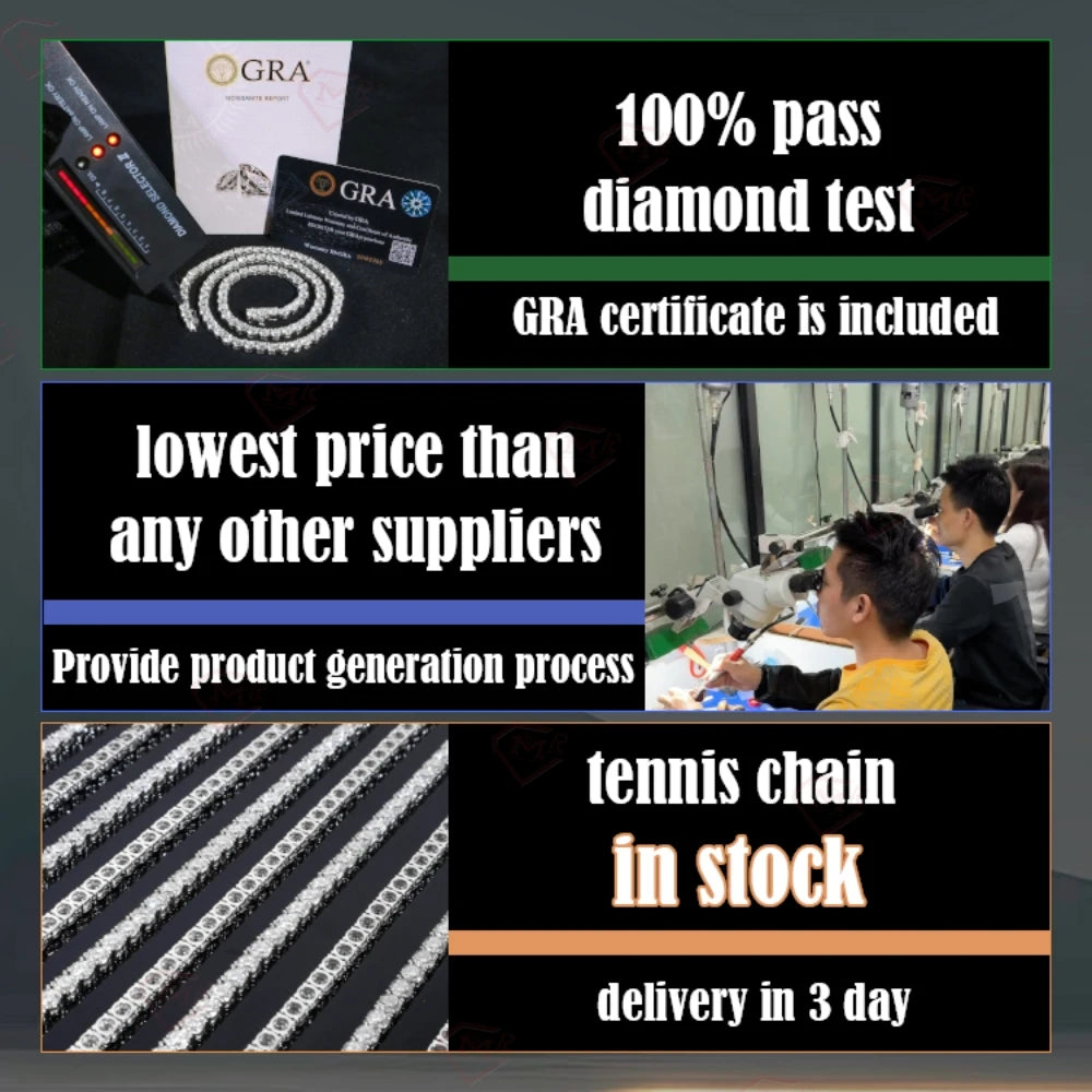 Local Stock 3MM 4MM Moissanite Tennis Chain Hiphop Jewelry 925 Silver Vvs Moissanite Tennis Necklaces