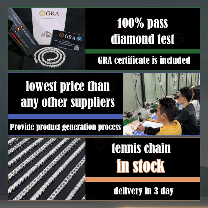 Local Stock 3MM 4MM Moissanite Tennis Chain Hiphop Jewelry 925 Silver Vvs Moissanite Tennis Necklaces