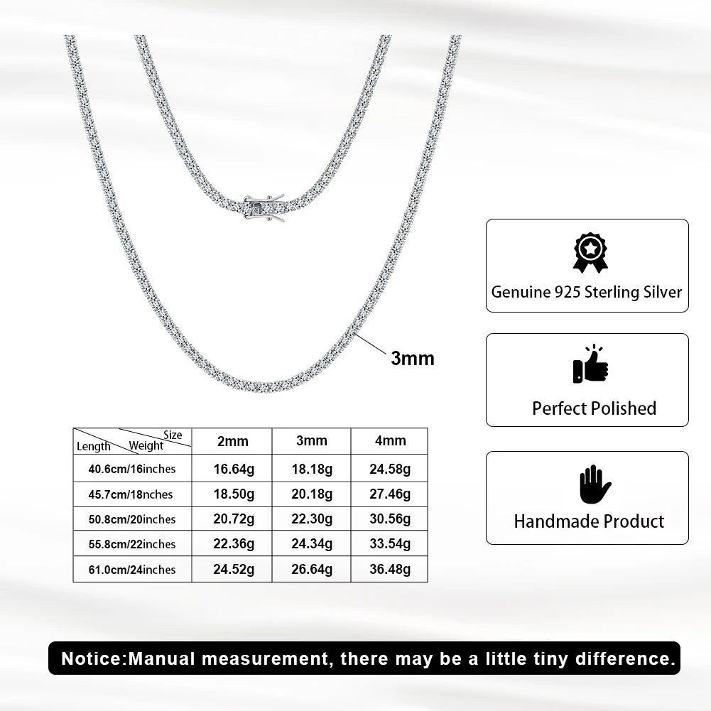 RINNTIN USA Local Stock Hip Hop Jewelry 3mm 925 Silver Moissanite Diamond Chains Hot Sale Tennis Chain Moissanite GRA Certified