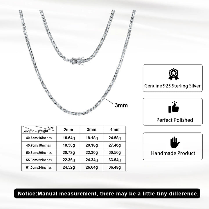 RINNTIN USA Local Stock Hip Hop Jewelry 3mm 925 Silver Moissanite Diamond Chains Hot Sale Tennis Chain Moissanite GRA Certified