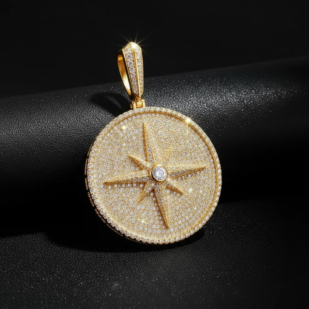 Iced Out Eight Pointed Star Compass Design  Moissanite Pendant for Necklace Men Women 925 Sterling Silver Hip Hop Style Jewelry