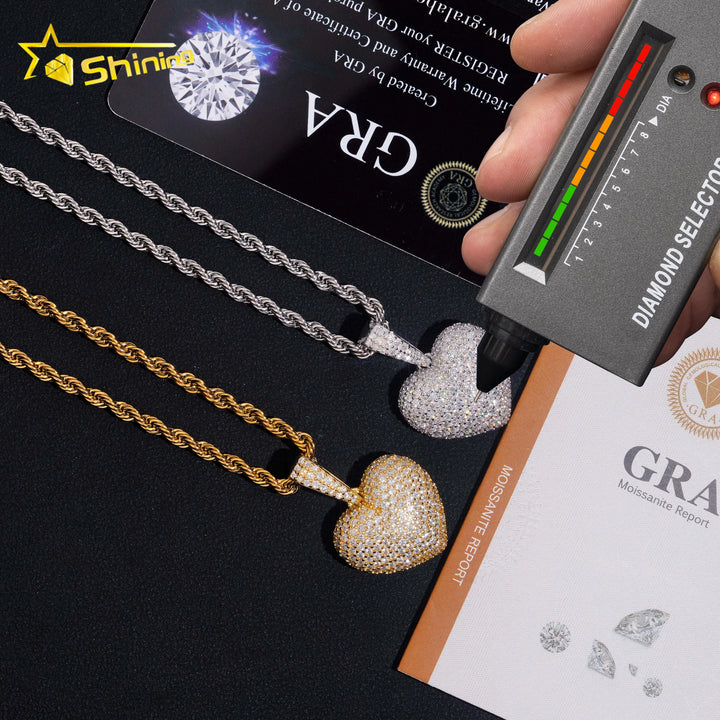 No Tarrifs USA Warehouse Stocks GRA Cert 925 Sterling Silver Hip Hop Iced Out VVS Moissanite Diamond Heart Pendant