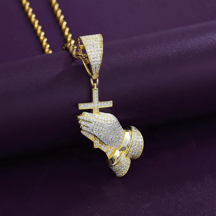 Hip Hop Jewelry Religious 925 Sterling Silver Bling Cross Pray Hand Pendant for NecklaceIced Out D Color Moissanite