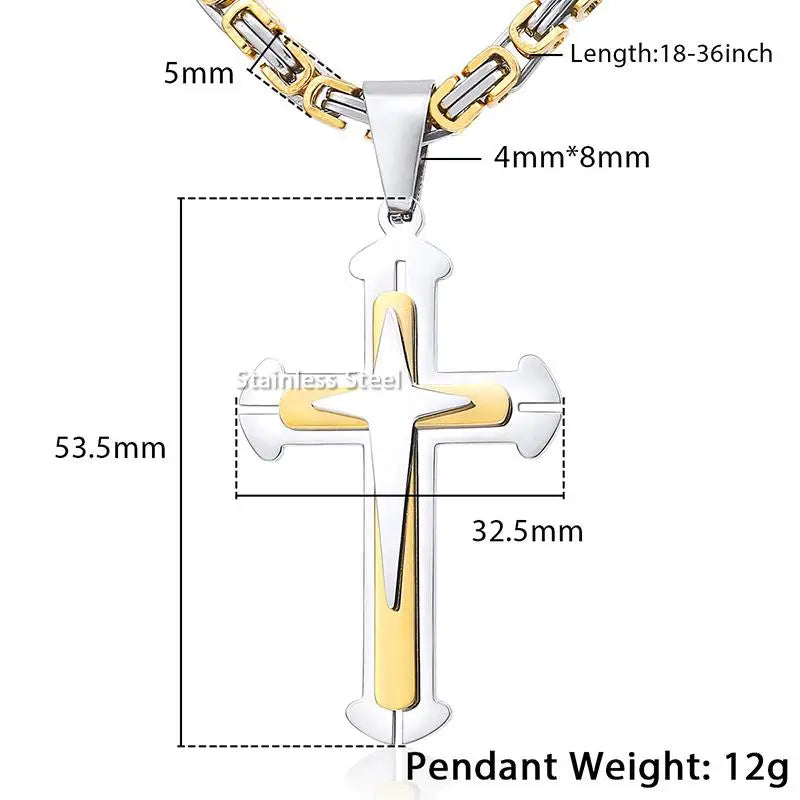 Men's Cross Necklace Gold Color Black Cross Pendant Stainless Steel Byzantine Chain Necklace 2024 Hip Hop Male Jewelry