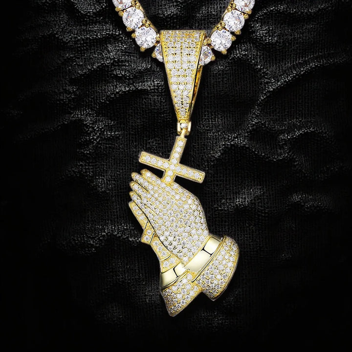 Hip Hop Jewelry Religious 925 Sterling Silver Bling Cross Pray Hand Pendant for NecklaceIced Out D Color Moissanite