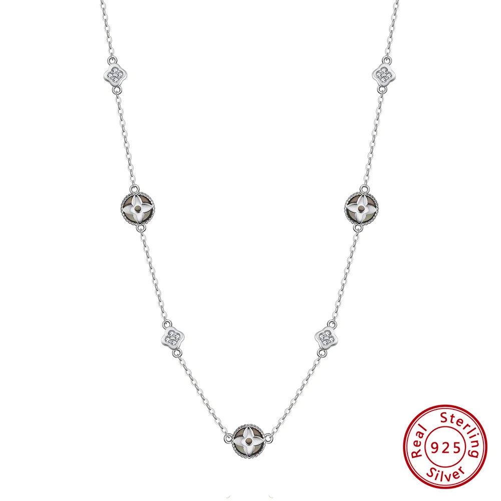 RINNTIN GMN64 USA Local Stock 925 Sterling Silver Necklace Four-Leaf Clover Necklace Black Shell Pearl Necklace for Women