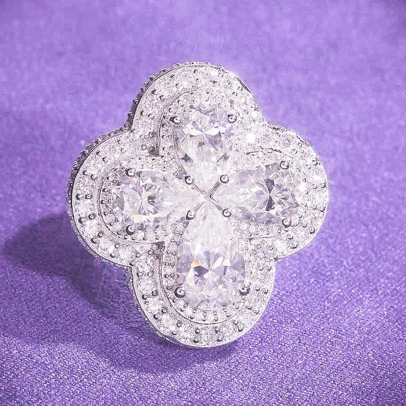 Pass Diamond Tester Hip Hop D Color VVS Bling Moissanite Four Leaf Clover Ring With 925 Sterling Silver GRA Women Men