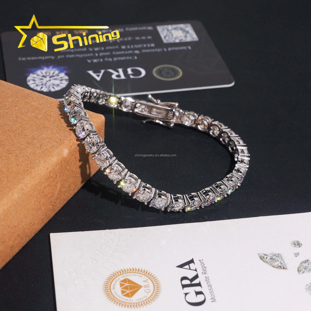 In Stock Ship in USA Warehouse Hip Hop Fire Jewelry FL 5mm Moissanite Prong Setting  S925 Solid Silver Iced Out Tennis Bracelet