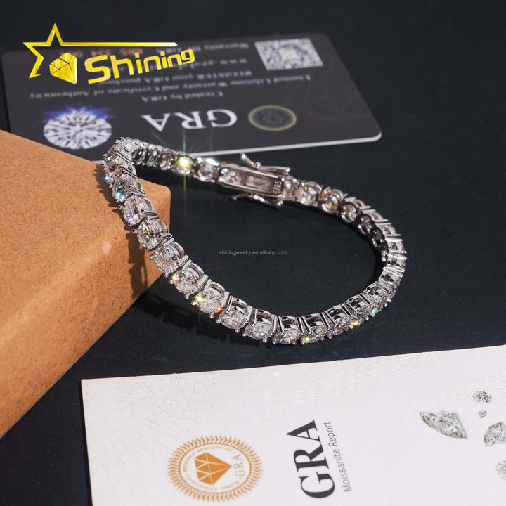In Stock Ship in USA Warehouse Hip Hop Fire Jewelry FL 5mm Moissanite Prong Setting  S925 Solid Silver Iced Out Tennis Bracelet
