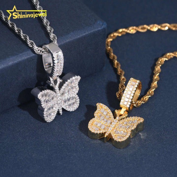 USA Warehouse Affordable Butterfly Baguette Moissanite Cross Pendant Collection Hip Hop Iced Out Pendant Gift for Girlfriend