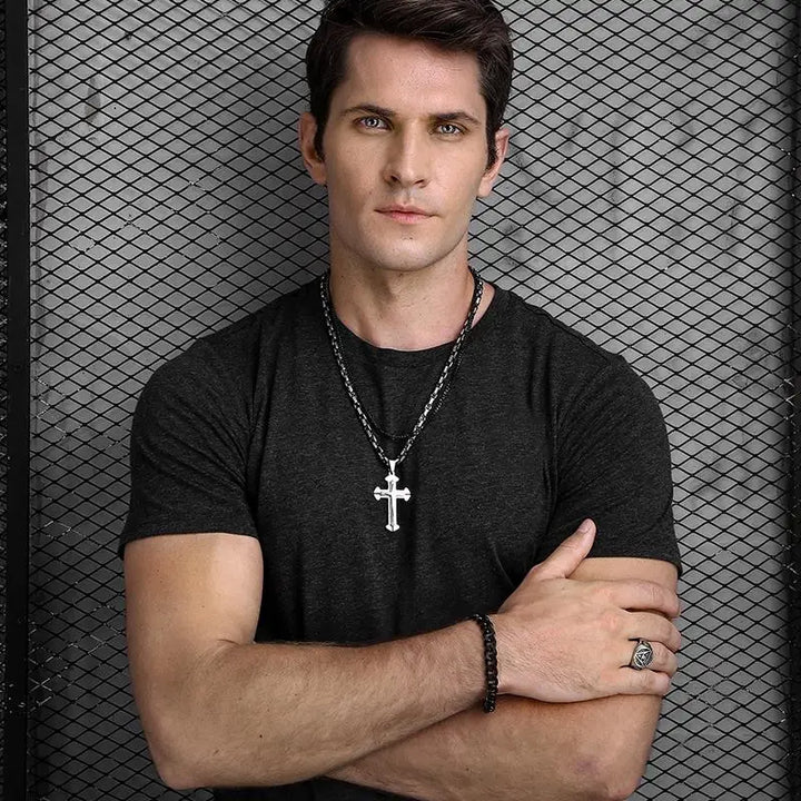 Men's Cross Necklace Gold Color Black Cross Pendant Stainless Steel Byzantine Chain Necklace 2024 Hip Hop Male Jewelry